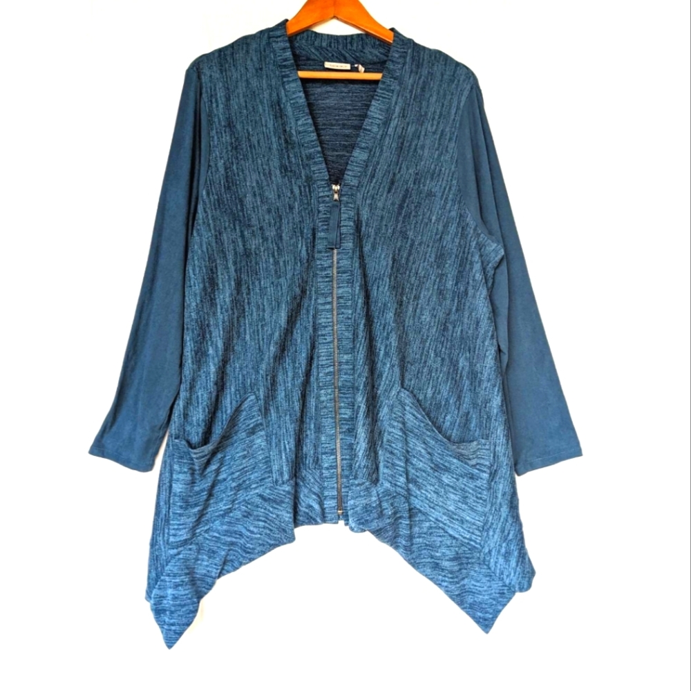 LOGO Lori Goldstein teal v-neck zip front assymetrical cardigan sweater